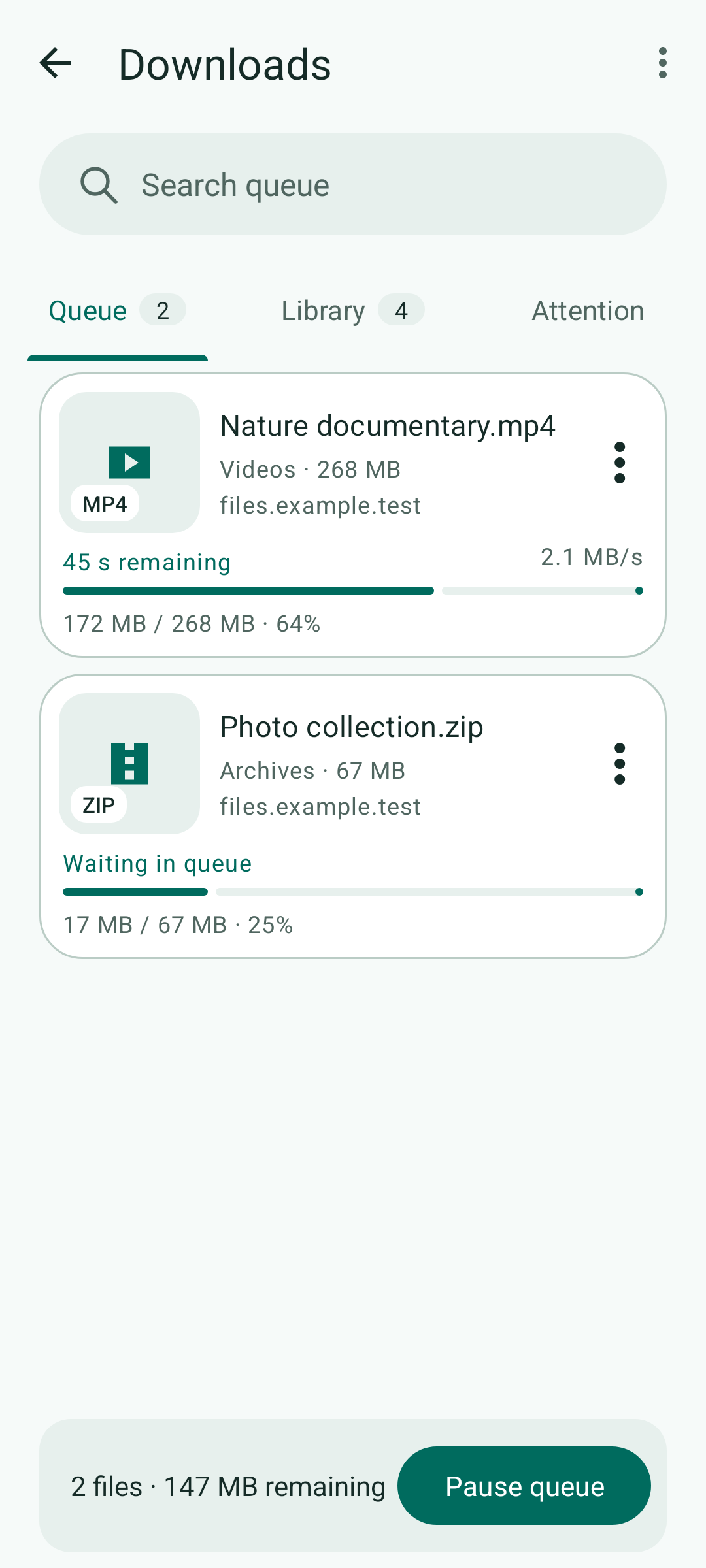 Download queue showing progress, speed and waiting files.