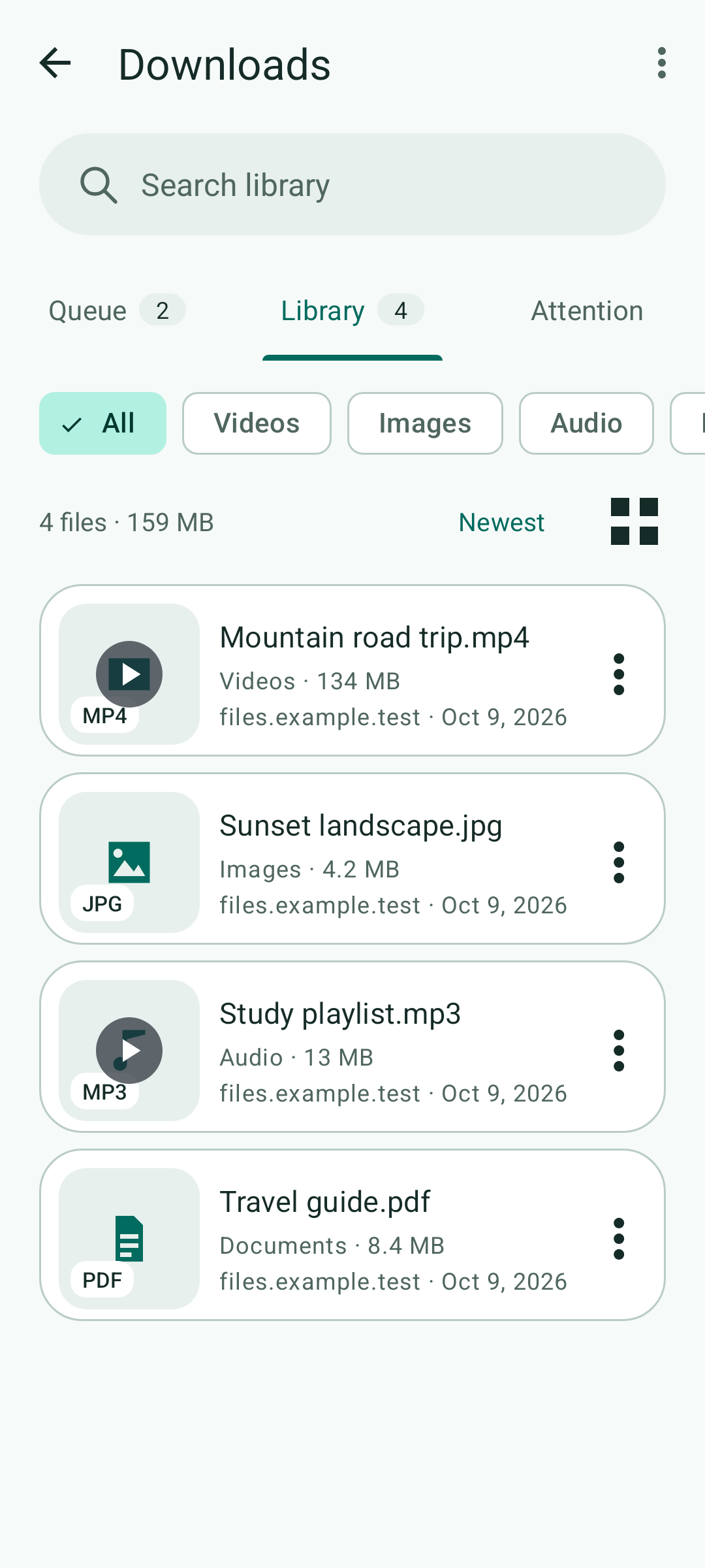 Download library with video, image, audio and PDF files.