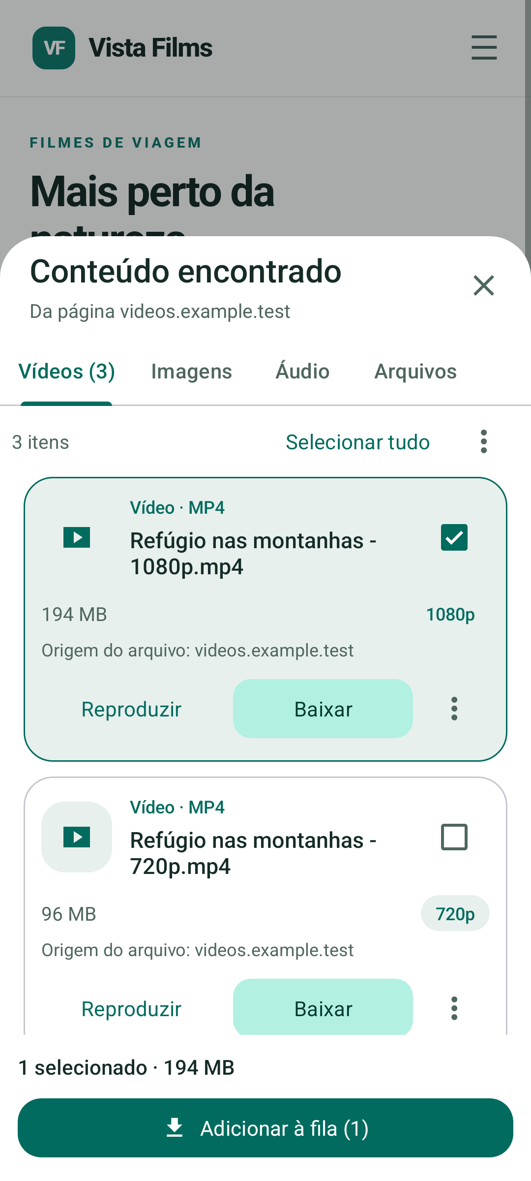 Tela de conteúdo encontrado com opções de vídeo para selecionar e baixar.