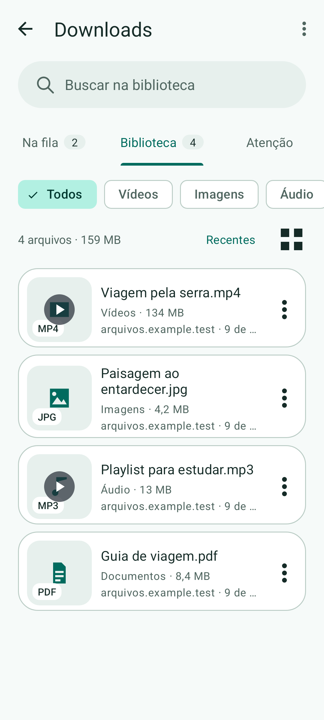 Biblioteca do NavDown com filtros de vídeos, imagens, áudio e documentos.